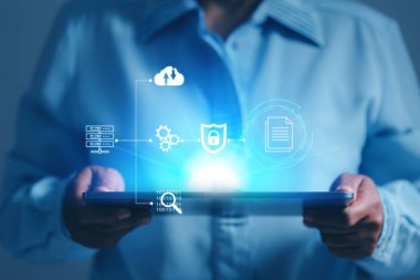 Online documentation database and process automation to efficiently manage files, IT staff working with Document Management System (DMS), Corporate business technology. Cognition on modern management.