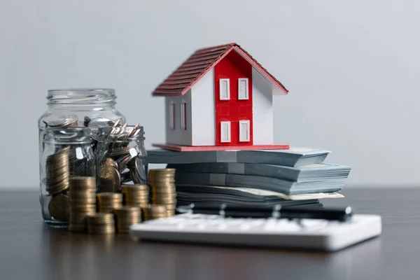 Formularz Wniosku Kredyt Papieru Monetą Pieniądza Modelu Domu Pożyczki Stole — Zdjęcie stockowe