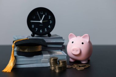 Üniversite ya da üniversite diploması için yurt dışında öğrenim kredisi planlamak. Bankacılık yatırımıyla para biriktirmek, eğitim konseptini finanse etmek. Geleceğin çocuk eğitim fonu parası. Büyüyen tasarruf