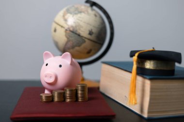 Üniversite ya da üniversite diploması için yurt dışında öğrenim kredisi planlamak. Bankacılık yatırımıyla para biriktirmek, eğitim konseptini finanse etmek. Geleceğin çocuk eğitim fonu parası. Büyüyen tasarruf