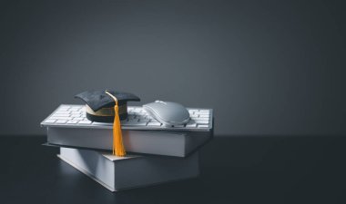 Dünya küresiyle mezuniyet şapkası. Küresel işletme eğitimi, yurtdışı eğitimi, okula dönüş kavramı. Küresel dünyada eğitim, dünya çapında üniversitelerde yurtdışında eğitim. dil çalışması