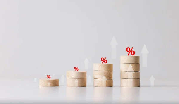 Up arrow growth on wooden cube blocks, bar graph chart steps with percentage icons on white background, business growth process, profit, wealth, leader trends, economic improvement concepts.