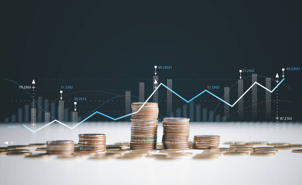 Finance and business concept. Investment graph and rows growth of coins on table, coin money with finance and banking concept for background. concept in grow and walk step by step for success.