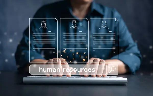 Human Resources uses computers to search and select job applicantsThe process of selecting people to join the work of the HR. Human Resources HR management Recruitment Employment Headhunting Concept.