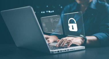 Siber güvenlik ağı. Siber güvenlik kavramı küresel ağ güvenlik teknolojisi, iş adamları kişisel bilgileri korur. Teknoloji ağı, bulut hesaplama, veri yönetimi, siber güvenlik