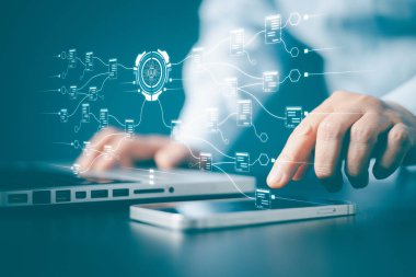 Çevrimiçi belge veritabanı ve belge yönetim sistemi. Sanal Zeka, Ai belge arama konsepti. siber güvenlik, dijital dönüşüm, finans, belge dosya yönetimi, yapay zeka çipi.