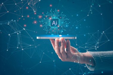 Al. Teknoloji akıllı robot bilimi ve yapay zeka teknolojisi, yenilik fütüristik, bilgi ve veri çevrimiçi ağına erişim sağlamak için küresel bağlantı, İletişim ağı.