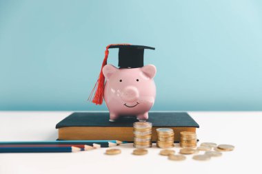 Eğitim için para biriktirme kavramı, öğrenci kredisi, gelecekte burs. Mezuniyet şapkalı domuz kumbarası, bir yığın bozuk para. Mezuniyet şapkalı dünya küresi, masada dolar banknotları. Okul harcı