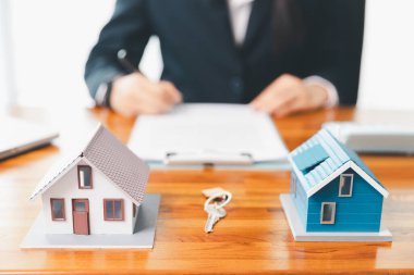 Emlakçının müşteriye örnek vermesi, ipotek kredisi sözleşmesi. Kiralık ev satışı sözleşmesi. Ev sigortası sözleşmesi, ev kredisi konsepti. Gayrimenkul, müşteri
