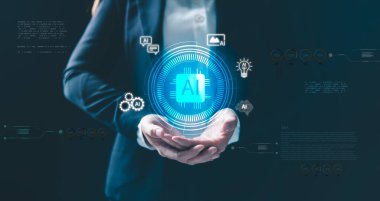 El ele tutuşan yapay zeka teknolojisi konsepti yapay zeka ikonları dijital arayüzü, yeniliği, otomasyonu, makine öğrenmesini, veri işlemeyi ve akıllı sistemleri sembolize eder. ai zeka.