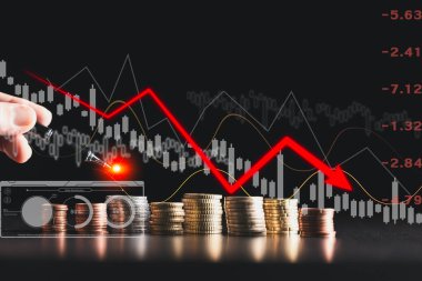 Düşen grafik, grafik, enflasyon, borsa çöküşü, finansal kriz, düşen gelir, düşen GSYİH düşüşü, sermaye azaltımı gibi küresel durgunluğun altını çizerek ekonomik çöküş kavramı.