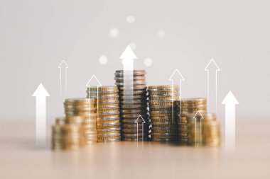 Finansal büyüme, yatırım başarısı, kâr artışı, zenginlik birikimi, ekonomik kalkınma ve para tasarrufu kavramını temsil eden para yığınları.