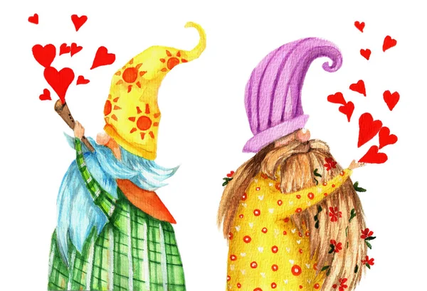 Sevgililer Günü 'nde sevimli cüceler ve kalpler beyaz arka planda izole edilmiş, el yapımı kağıt kartpostal süsü üzerinde su volkanı.