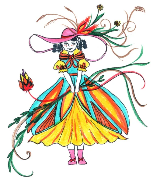 Felt tip pen drawing of a fairy holding flowers, isolated on the white background, decorative element