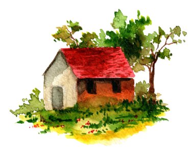 Watercolor illustration of a village hut isolated on the white background, cute decorative element