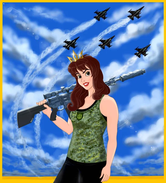 Omzunda tüfekle, bulutlu yaz gökyüzüne karşı, havada F-16 'larla uçan bir kadın askerin çizgi film çizimi.
