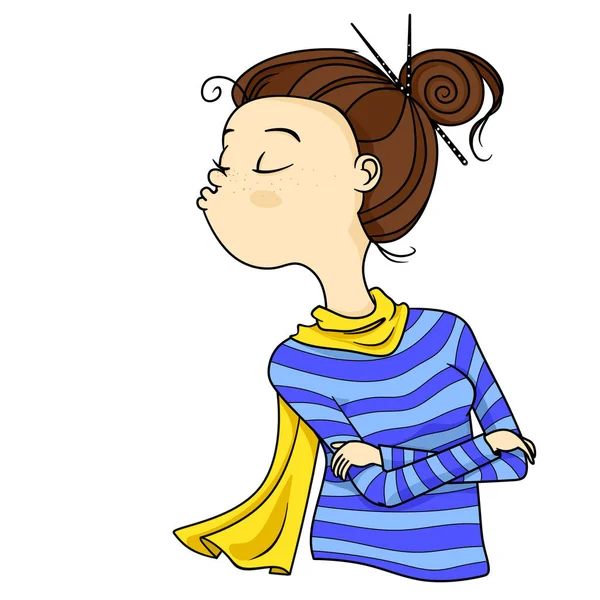 Mavi çizgili süveter ve beyaz arka planda izole edilmiş sarı eşarplı kızgın bir kızın karikatür çizimi