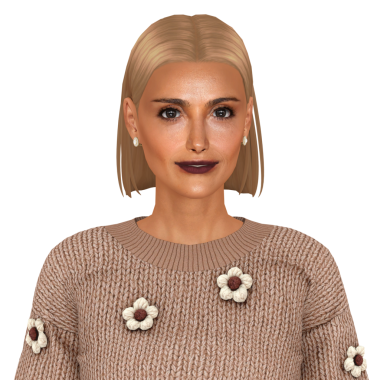 Sarışın, kahverengi gözlü, orta yaşlı, güzel bir kadın.