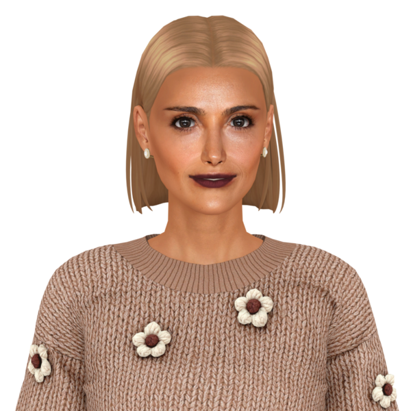 Sarışın, kahverengi gözlü, orta yaşlı, güzel bir kadın.