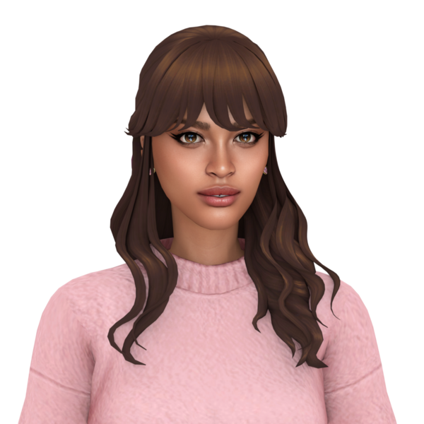 Uzun kahverengi saçlı ve kâküllü güzel bir kadın pembe bir elbise giyiyor, izole edilmiş bir portre.