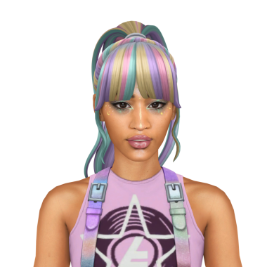 Renkli at kuyruklu, güzel, genç, tuhaf bir kadın. Üzerinde eflatun bir atlet, izole bir portre.