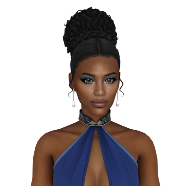 Makyajlı, mavi elbiseli, izole edilmiş portresi olan, saçı topuzlu, güzel siyah bir kadın.