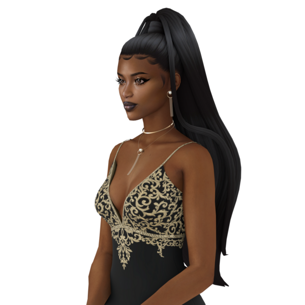 Siyah bir elbise giyen, uzun düz siyah saçlı, at kuyruklu, güzel siyah tenli bir kadın. 