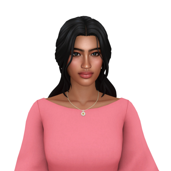 Koyu tenli, güzel bir kadın. Uzun saçlı. Pembe bir elbise giyiyor. 