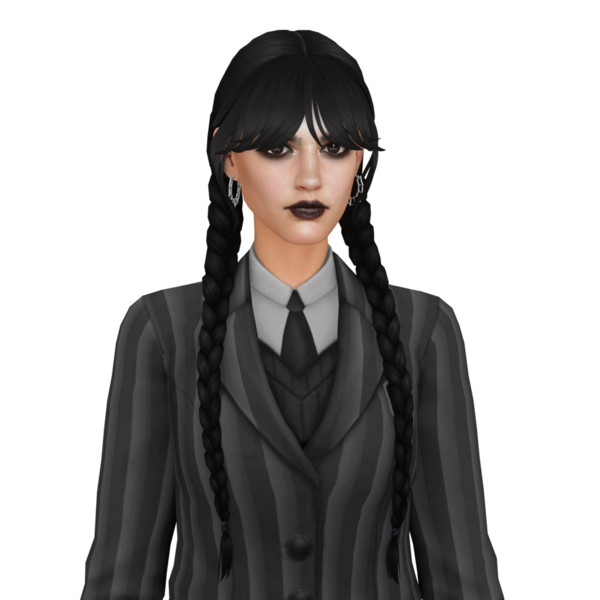 İki uzun siyah örgülü güzel bir kadın siyah okul üniforması giyiyor, beyaz arka planda izole edilmiş bir portre.