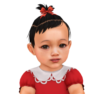 Kırmızı elbiseli, izole edilmiş portresi olan, küçük at kuyruklu şirin bir bebek.