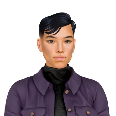 Asya kökenli, genç, aseksüel bir kadın kısa siyah, cesur saç kesimi, takım elbise, münferit bir portre.