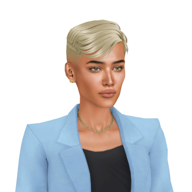 Güzel, genç, aseksüel, kısa, koyu sarı saçlı, mavi takım elbiseli, münferit portresi olan bir kadın.