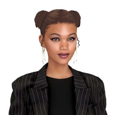 Saçlı çörekleri olan, takım elbiseli, makyajlı, münzevi bir iş kadını.