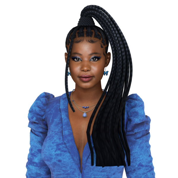 Süslü, at kuyruklu, afro örgülü, mavi elbiseli, makyajlı, izole edilmiş portresi olan güzel siyah bir kadın.