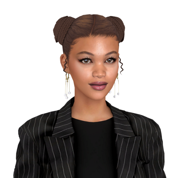 Saçlı çörekleri olan, takım elbiseli, makyajlı, münzevi bir iş kadını.