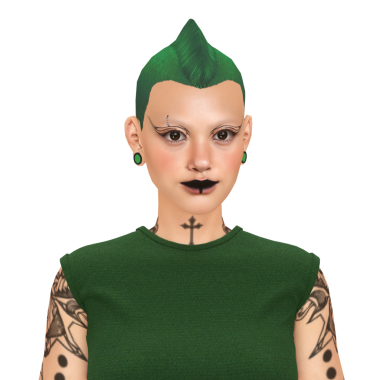 İsyancı yeşil mohawk saç stili, punk kıyafetleri, makyaj, dövme ve piercing takan havalı genç bir kadın.