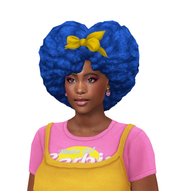 Güzel, genç, siyah bir kadın, kalp şeklinde mavi afro saçlı, pembe ve sarı bir elbise giyen, izole edilmiş bir portre.