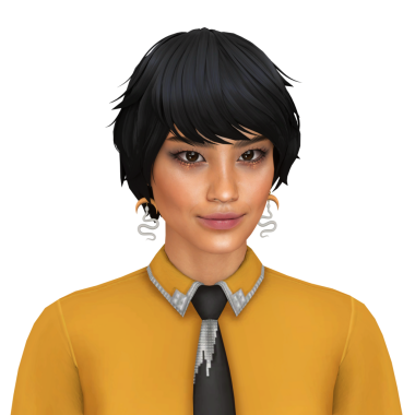 Makyajlı kısa saçlı, gömlek, kravat ve küpe takan güzel bir Asyalı kadın.