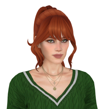 Güzel, kızıl saçlı, at kuyruklu, yeşil kazaklı, izole edilmiş portresi olan bir kadın.