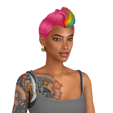 İsyan dövmesi olan, güzel, genç, tuhaf bir kadın. Gökkuşağı rengi saç kesimi, koyu tenli, tanktop ve sutyen giyen, izole edilmiş bir portre.