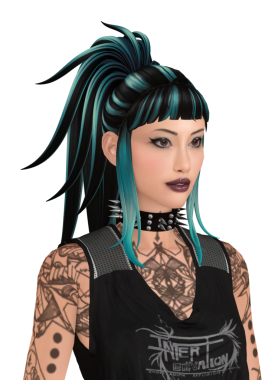 Güzel, tuhaf, asi, punk saçlı, havalı kıyafetler, dövme ve boğucu, izole edilmiş bir portre giyen bir kadın.