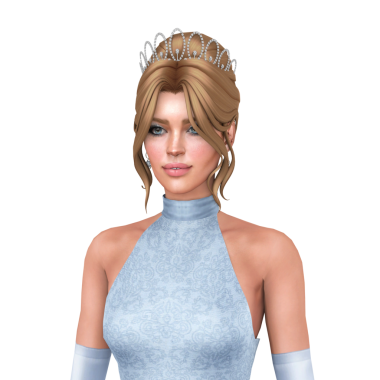 Saçlarını toplamış, mavi bir top elbisesi ve taçlı, izole edilmiş bir portresi olan güzel sarışın bir kadın.