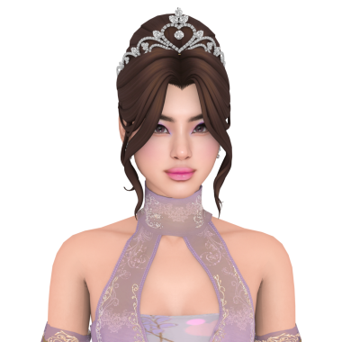 Güzel, genç, esmer, Koreli bir kadın. Saçları toplu, pembe bir elbise ve bir taç giyiyor.