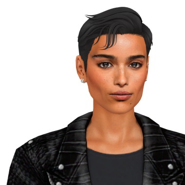 Deri ceketli, kısa siyah saçlı, ikiz olmayan güzel bir kadın.