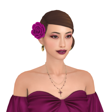 Saçında gül deseni olan kırmızı elbiseli, izole edilmiş portresi olan güzel bir kadın.