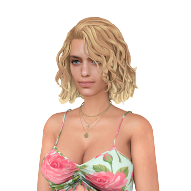 Kısa kıvırcık sarı saçlı, çiçek desenli bikini giyen güzel bir genç kadın.