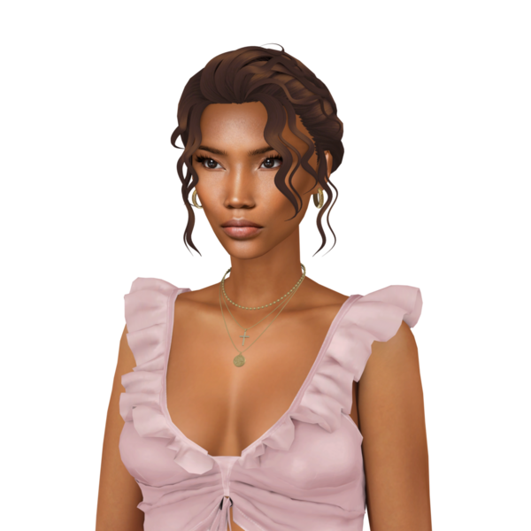 Koyu tenli, kıvırcık saçlı, pembe bir yaz elbisesi giyen, izole edilmiş üç boyutlu resimli güzel bir kadın.