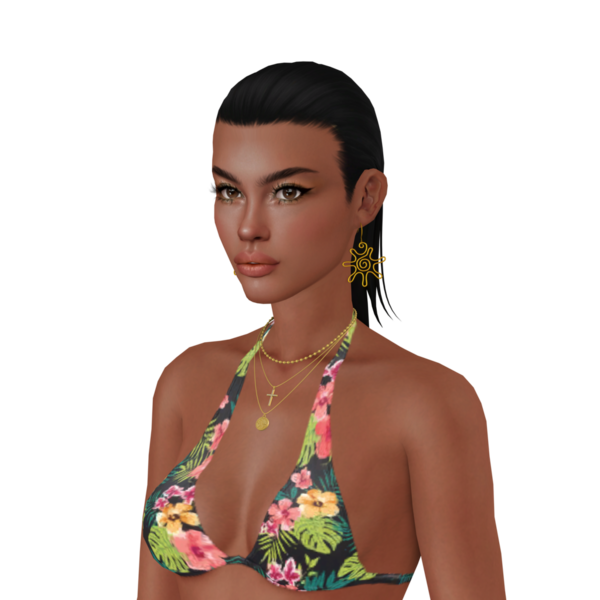 Koyu tenli güzel bir kadın bikini giyiyor, 3 boyutlu bir portre çiziyor.