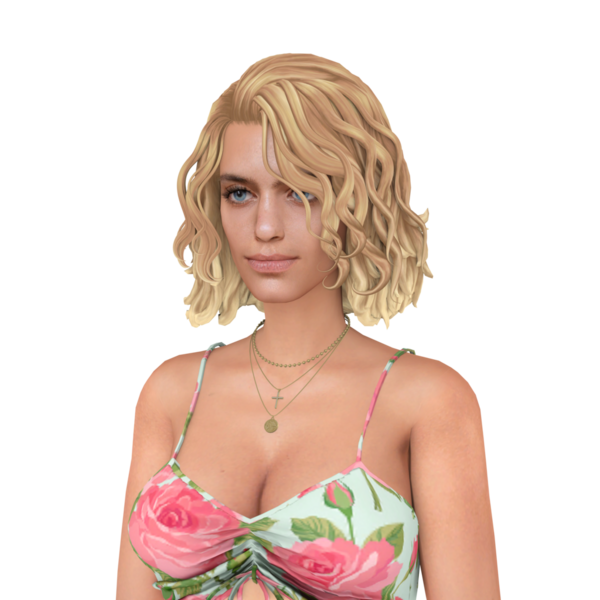 Kısa kıvırcık sarı saçlı, çiçek desenli bikini giyen güzel bir genç kadın.