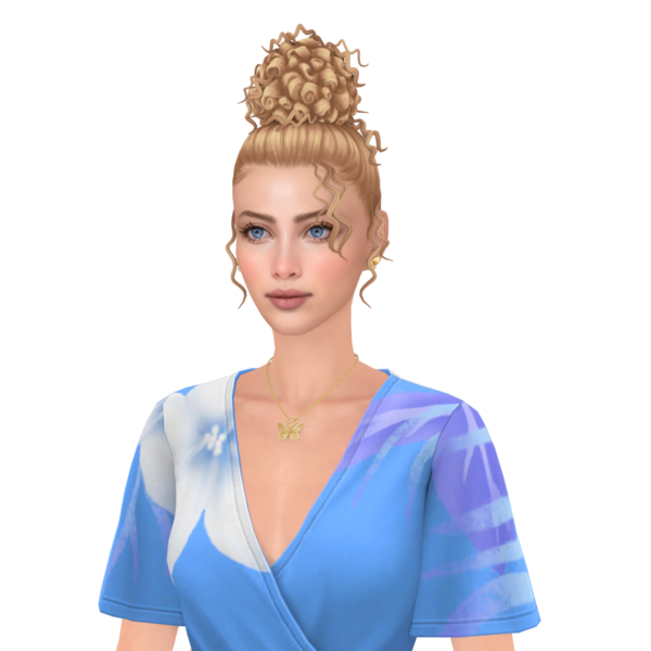 Sarışın kıvırcık saçlı güzel bir kadın mavi bir elbise giyiyor, üç boyutlu bir resim çiziyor.